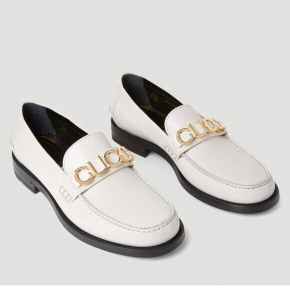 NWB Gucci Mystic White Cara Logo Loafer Loafers Flats Slip Ons Leather - Picture 1 of 10